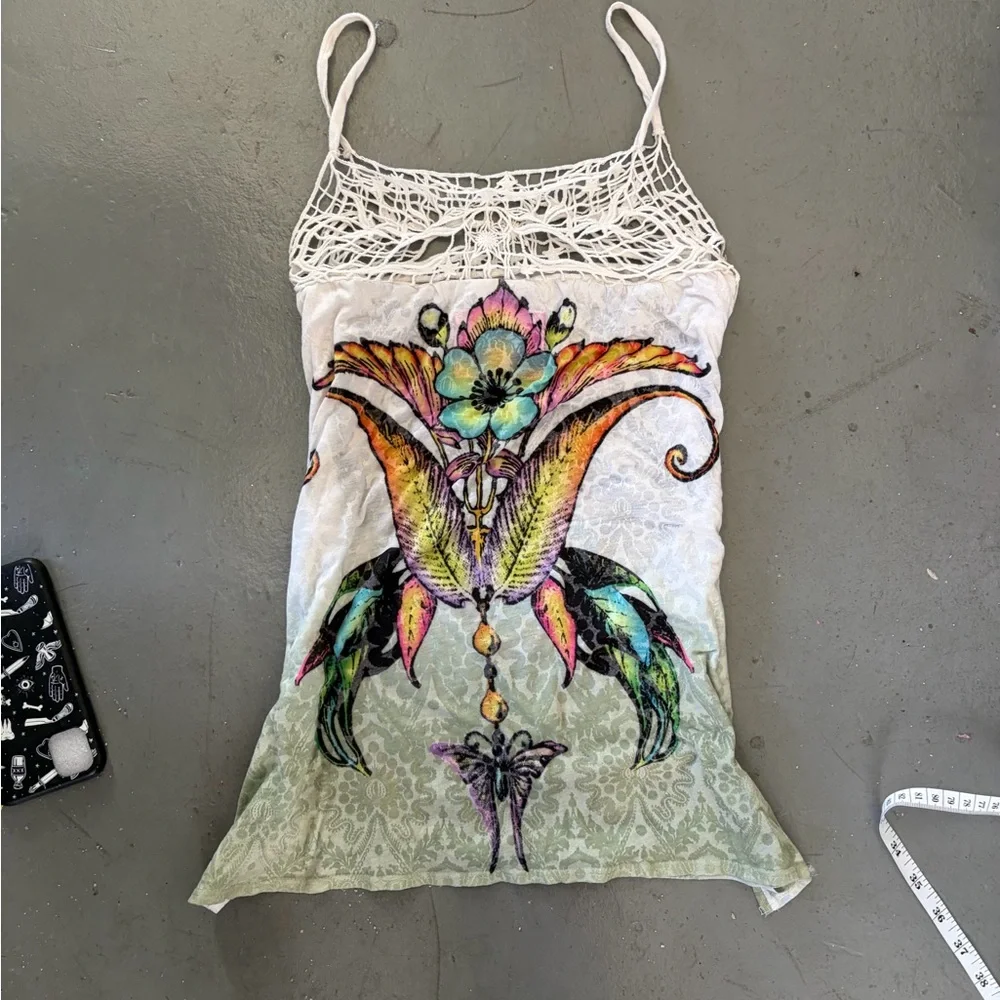 Boho Crochet-Trim Floral Spaghetti Strap Tank Top - White with Multicolor Print - Picture 2 of 4